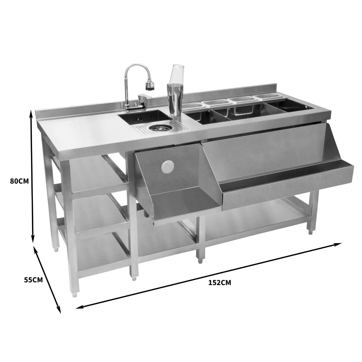 Postazione da Barman Deluxe Bancone Bar Cocktail Acciaio Inox Pozzetto per Ghiaccio Isolato Postazione Bar Indipendente Lavello con Rubinetto, Mensola per Bottiglie Vano per Pattumiera Lava Bicchieri