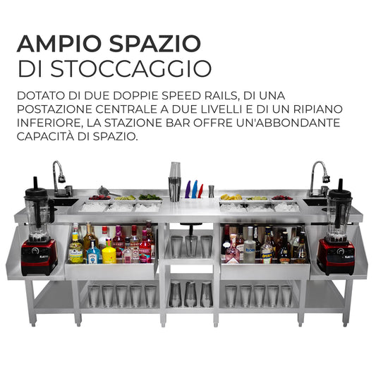 Stazione cocktail bar doppia in acciaio inossidabile con pozzo di ghiaccio isolato Lavello 360 Rubinetto miscelatore Vassoio di sgocciolamento Mensola per frullatore 6 Vaschette frutta Portacoltelli