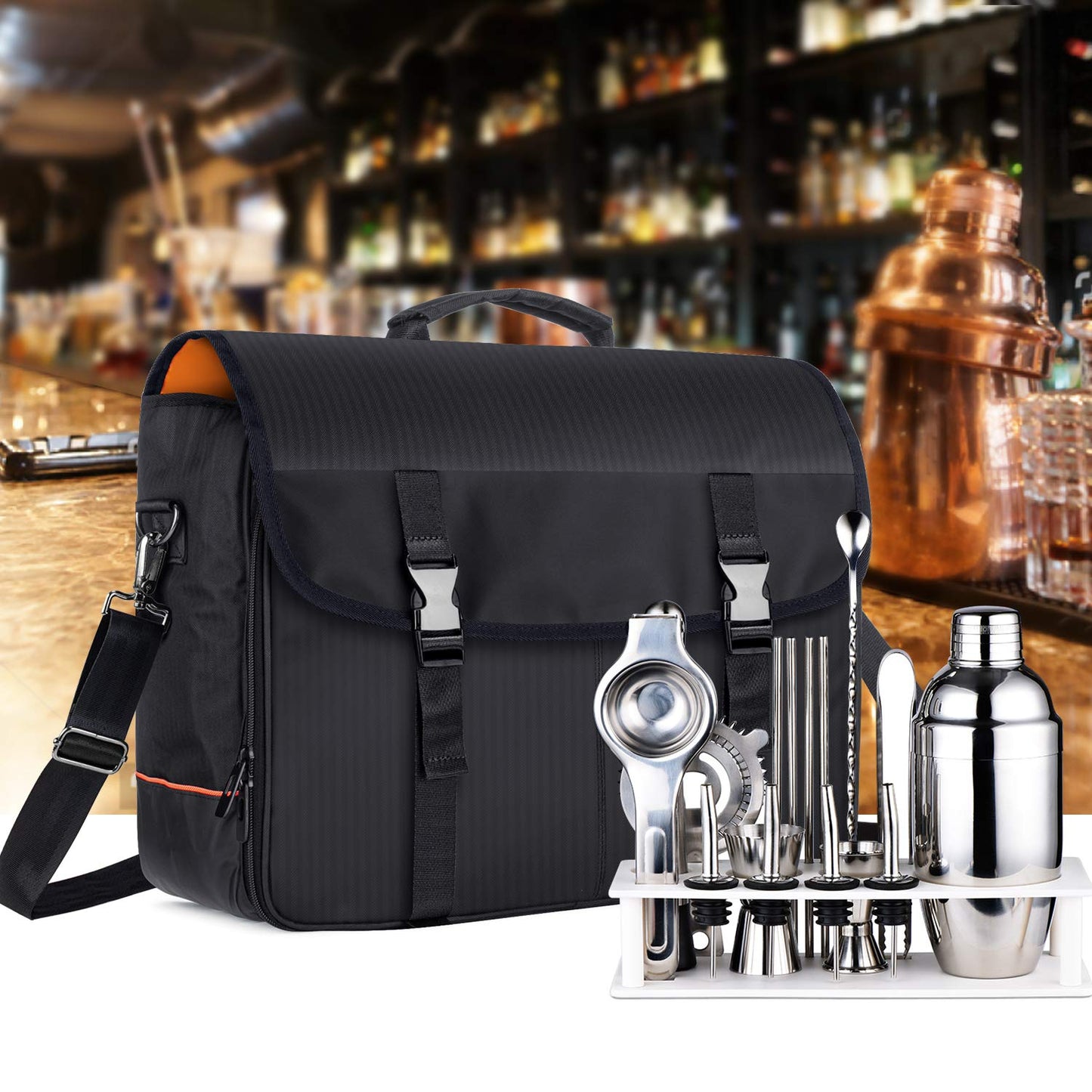 Curmio Borsa da viaggio per kit barman per bottiglie di vino, borsa a tracolla per set di strumenti da bar, perfetta per feste all'aperto in giardino, Nero(SOLO BORSA)